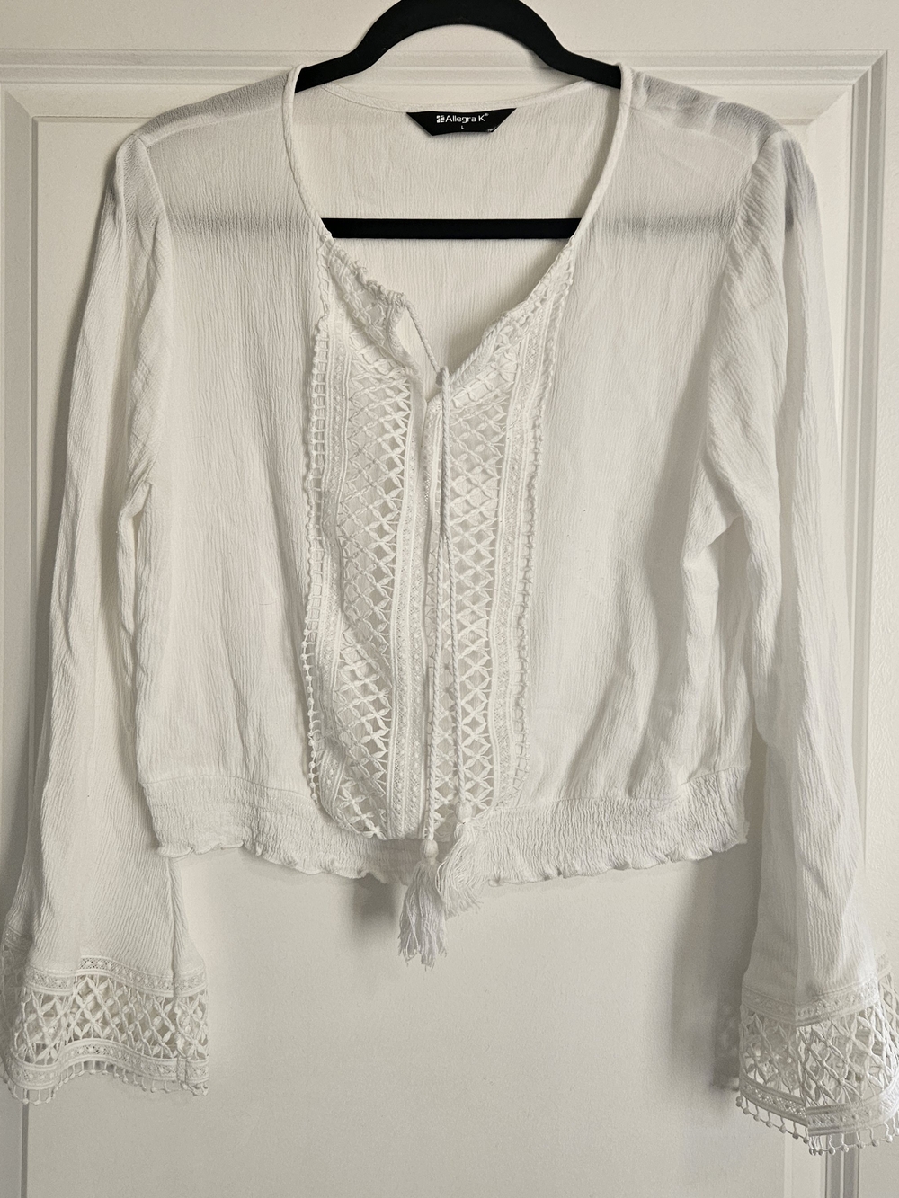 Allegra K White Crochet-Trim Peasant Blouse - Size Large